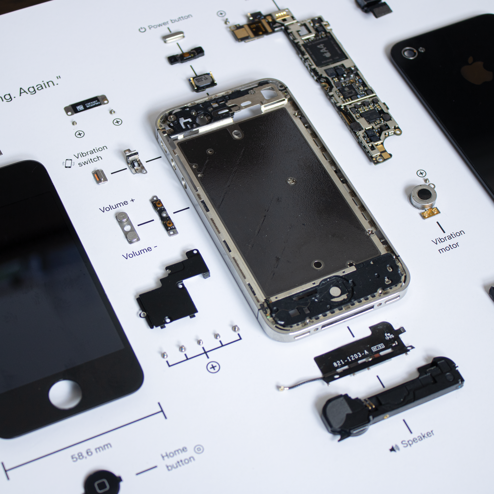 iPhone 4 USA disassembled in a frame