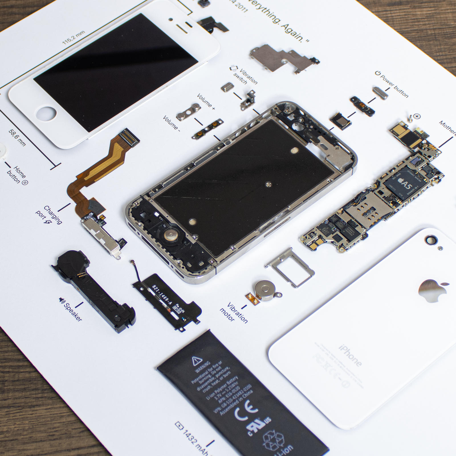 iPhone 4S disassembled in a frame