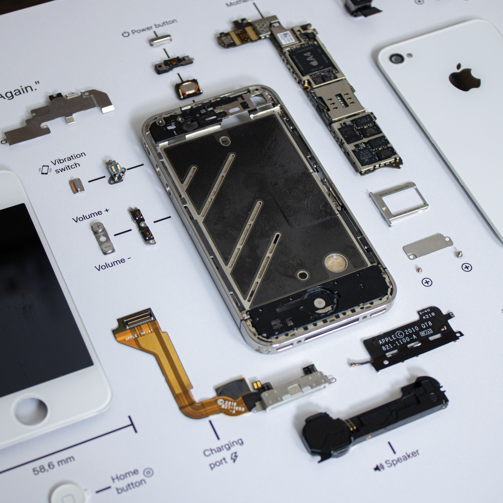 iPhone 4 disassembled in a frame
