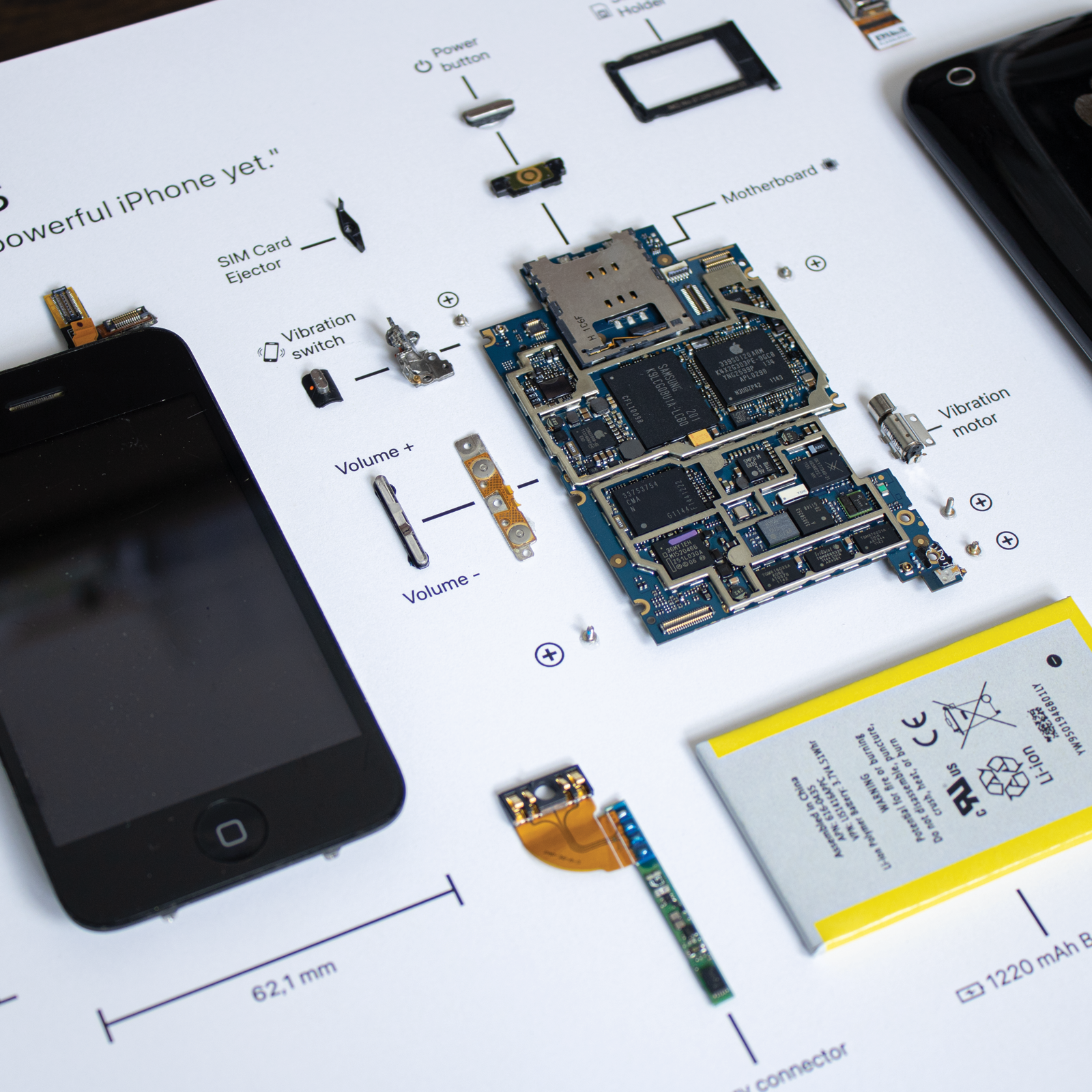 iPhone 3GS disassembled in a frame