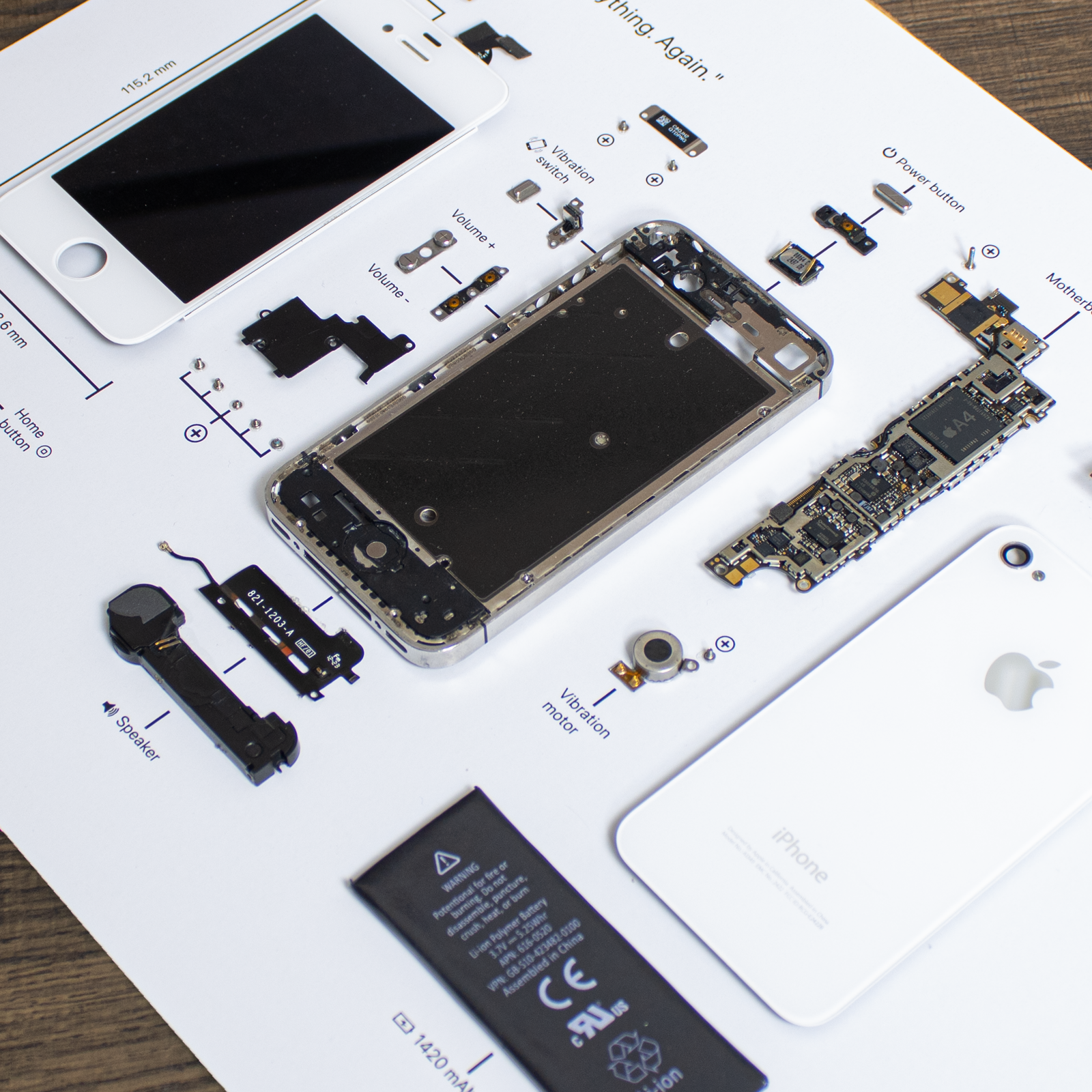 iPhone 4 USA disassembled in a frame